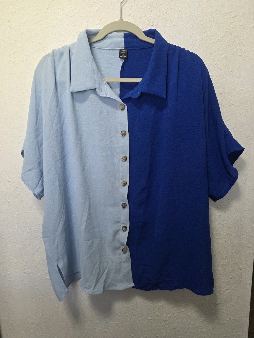 SHEIN Two-Tone Colorblock Button-Down Shirt - Light Blue & Royal Blue